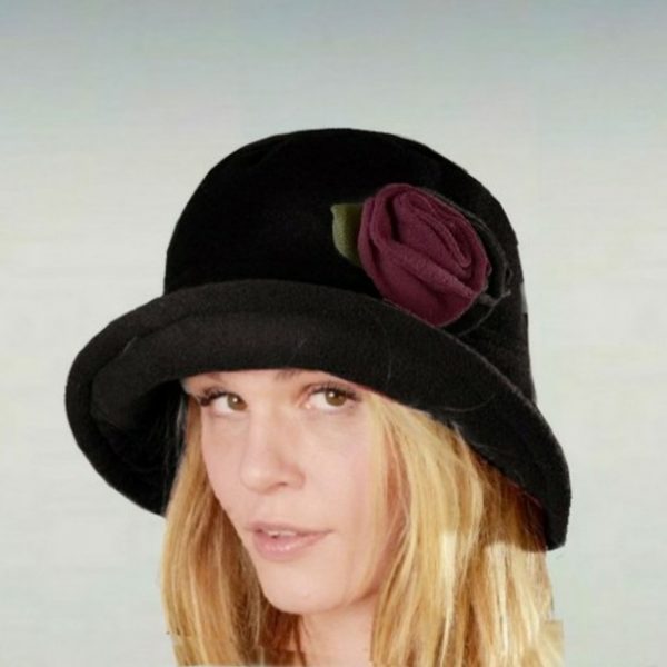 black flip brim hat w burgundy rose